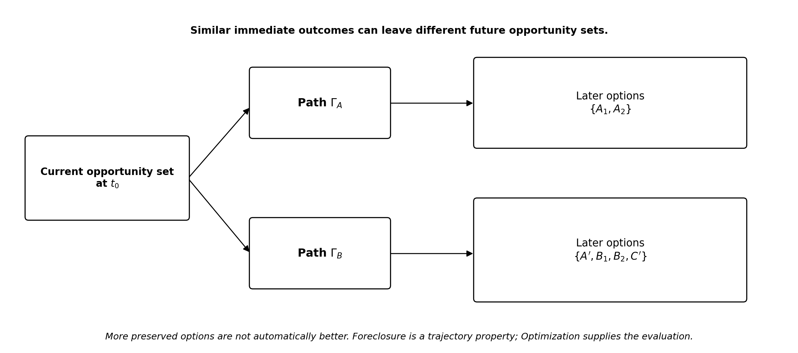 Branching diagram showing two trajectories from the same current opportunity set leading to different future opportunity sets; preserving more options is not automatically better.